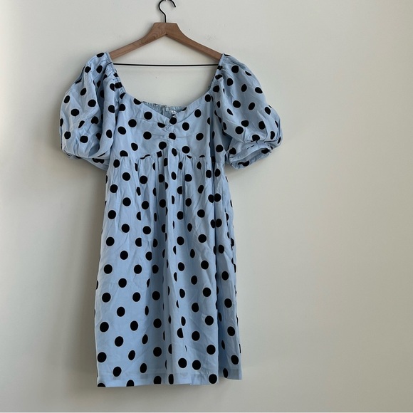 New English Factory Dotted BabyDoll Mini Dress Blie Puff Sleeve Large prairie - Picture 4 of 14